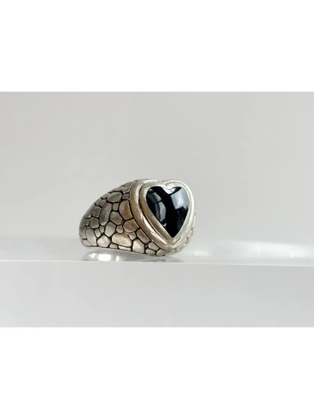 Heart Black Onyx Tortoise Shell Pattern Sterling Silver 925 Vintage Ring sz 6.5